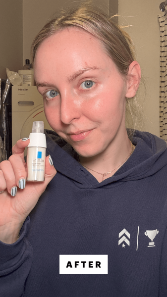 Allure beauty director Sarah Kinonen applying the La RochePosay Toleriane Dermallergo Eyes