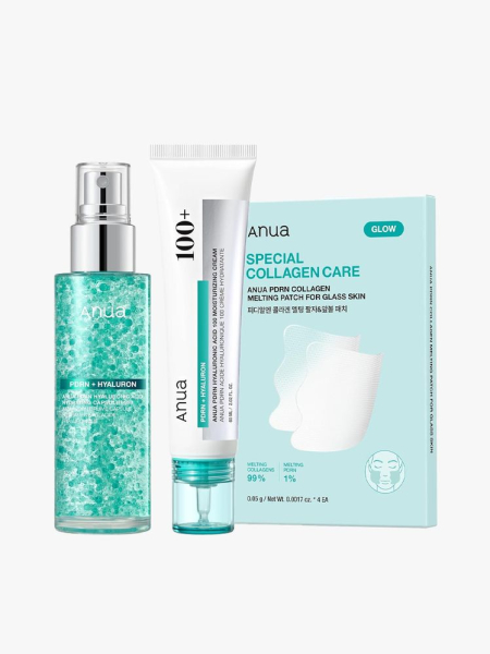 Anua PDRN Collagen Glass Skin Trio in branded components on a light gray background