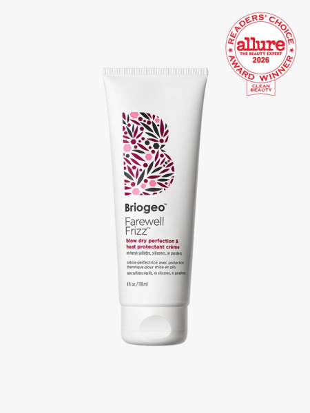 White tube of Briogeo Farewell Frizz Blow Dry Perfection and Heat Protectant Crème on a white background