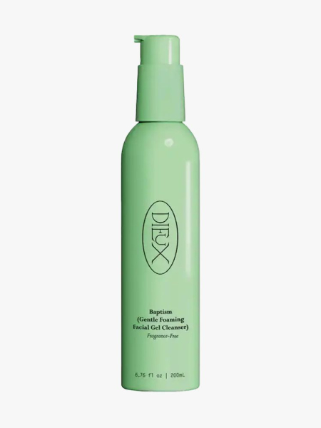 Dieux Baptism Gentle Gel Facial Cleanser in branded component on a light gray background