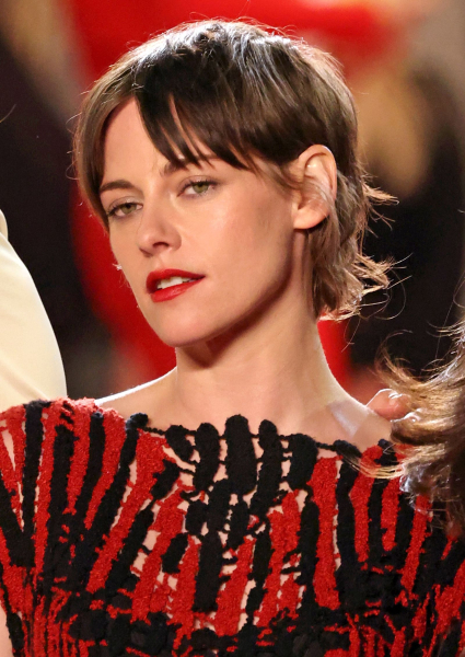 Kristen Stewart wearing red and black dress