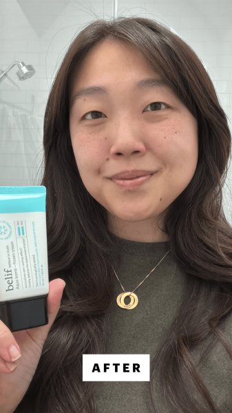 Allure contributing commerce writer Christa Joanna Lee after applying the Belif Aqua Bomb Frozen Cream